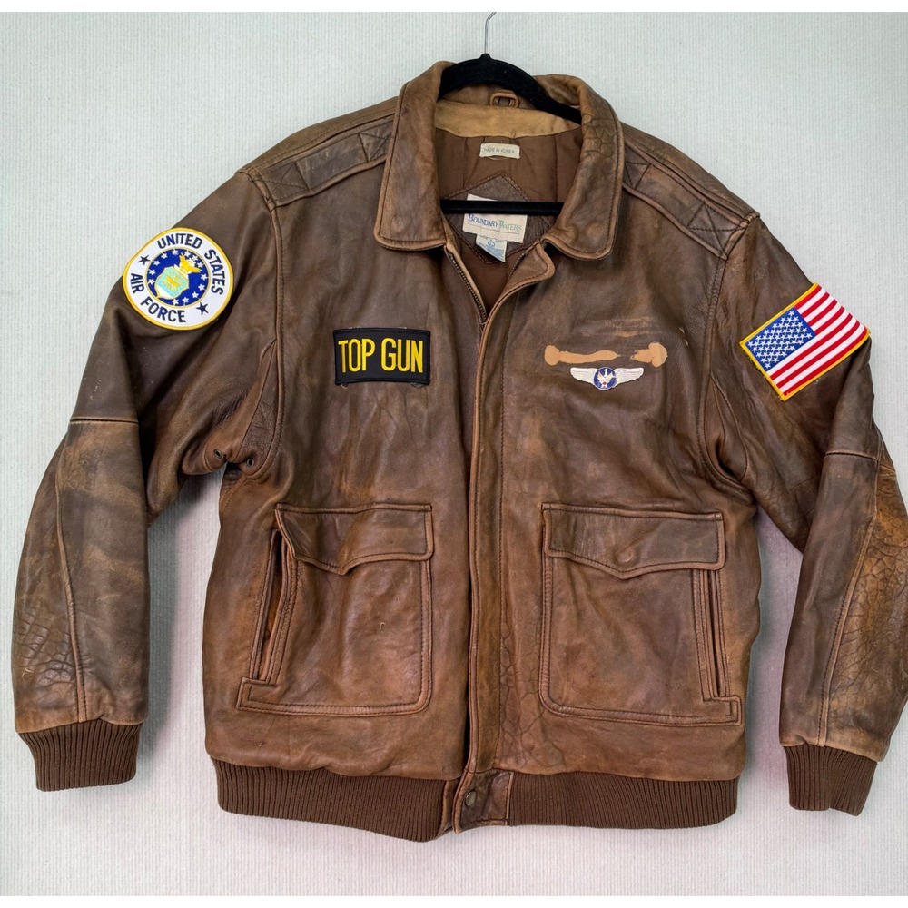 Vintage Boundary Waters Leather Bomber Jacket Mens L Top Gun USAF Distressed